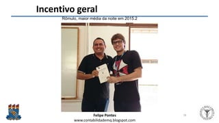 Felipe Pontes
www.contabilidademq.blogspot.com
Incentivo geral
28
Rômulo, maior média da noite em 2015.2
 