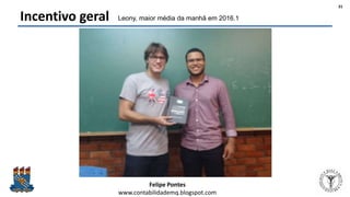 Felipe Pontes
www.contabilidademq.blogspot.com
Incentivo geral
31
Leony, maior média da manhã em 2016.1
 