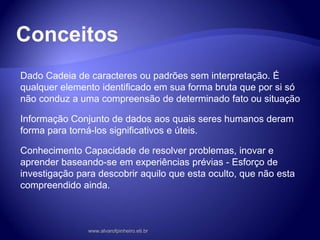 Conceitos
Dado Cadeia de caracteres ou padrões sem interpretação. É
qualquer elemento identificado em sua forma bruta que por si só
não conduz a uma compreensão de determinado fato ou situação
Informação Conjunto de dados aos quais seres humanos deram
forma para torná-los significativos e úteis.
Conhecimento Capacidade de resolver problemas, inovar e
aprender baseando-se em experiências prévias - Esforço de
investigação para descobrir aquilo que esta oculto, que não esta
compreendido ainda.
www.alvarofpinheiro.eti.br
 