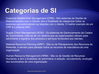 Categorias de SI
Customer Relationship Management (CRM) - São sistemas de Gestão de
Relacionamento com o Cliente, tem a finalidade de categorizar todos os
sistemas que automatizam as relações com o cliente. O melhor exemplo de um
CRP é o sistema SAC.
Supply Chain Management (SCM) - Os sistemas de Gerenciamento da Cadeia
de Suprimentos, trata-se de um sistema que as organizações utilizam para
administrar a logística dos produtos e serviços fornecidos aos clientes.
Material Resource Planning (MRP) - São os de Planejamento dos Recursos de
Materiais, e servem para planejar todos os recursos de manufatura de uma
organização.
Human Resource Management (HRM) - São os de Gestão de Recursos
Humanos, e tem a finalidade de administrar a seleção, recrutamento, evolução
dos funcionários de uma organização.
www.alvarofpinheiro.eti.br
 