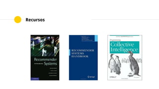 Recursos
2002 - Hybrid Recommender Systems Survey and Experiments
2002 - Incremental SVD-Based Algorithms for Highly Scalable Recommender Systems
2005 - Toward the Next Generation of Recommender Systems A Survey of the state-of-the-art and
possible extensions
2006 - Being Accurate is Not Enough
2007 - Content-Based Recommendation Systems
2009 - A Survey of Accuracy Evaluation Metrics of Recommendation Tasks
2011 - Collaborative Filtering Recommender Systems
2013 - Recommender Systems Survey
 