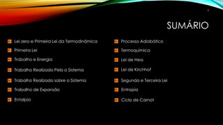 SUMÁRIO
3
Lei zero e Primeira Lei da Termodinâmica
Primeira Lei
Trabalho e Energia
Trabalho Realizado Pelo o Sistema
Trabalho Realizado sobre o Sistema
Trabalho de Expansão
Entalpia
Processo Adiabático
Termoquímica
Lei de Hess
Lei de Kirchhof
Segunda e Terceira Lei
Entropia
Ciclo de Carnot
 