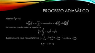 PROCESSO ADIABÁTICO
Fazendo
𝐶 𝑉,𝑚
𝑅
= 𝛼:
ln
𝑇𝑓
𝑇𝑖
𝛼
= ln
𝑉𝑖
𝑉𝑓
→ 𝑝𝑎𝑠𝑠𝑎𝑛𝑑𝑜 𝛼 → ln
𝑇𝑓
𝑇𝑖
= ln
𝑉𝑖
𝑉𝑓
1
𝛼
Usando das propriedades de logaritmos:
𝑇𝑓
𝑇𝑖
=
𝑉𝑖
1
𝛼
𝑉𝑓
1
𝛼
→ 𝑇𝑓 𝑉𝑓
1
𝛼
= 𝑉𝑖
1
𝛼
𝑇𝑖
Buscando uma nova incógnita tem-se
1
𝛼
=
𝑅
𝐶 𝑉,𝑚
=
𝐶 𝑃,𝑚−𝐶 𝑉,𝑚
𝐶 𝑉,𝑚
=
𝐶 𝑃,𝑚
𝐶 𝑉,𝑚
− 1, então 𝛾 =
𝐶 𝑃,𝑚
𝐶 𝑉,𝑚
.
𝑇𝑓 𝑉𝑓
𝛾−1
= 𝑉𝑖
𝛾−1
𝑇𝑖
44
 
