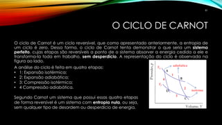 O CICLO DE CARNOT
O ciclo de Carnot é um ciclo reversível, que como apresentado anteriormente, a entropia de
um ciclo é zero. Dessa forma, o ciclo de Carnot tenta demonstrar o que seria um sistema
perfeito, cujas etapas são reversíveis a ponto de o sistema absorver a energia cedida a ele e
transforma-la toda em trabalho, sem desperdício. A representação do ciclo é observada na
figura ao lado.
A análise do ciclo é feita em quatro etapas:
• 1: Expansão isotérmica;
• 2: Expansão adiabática;
• 3: Compressão isotérmica;
• 4 Compressão adiabática.
Segundo Carnot um sistema que possui essas quatro etapas
de forma reversível é um sistema com entropia nula, ou seja,
sem qualquer tipo de desordem ou desperdício de energia.
81
 