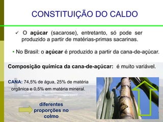 CLA’08
CONSTITUIÇÃO DO CALDO
 O açúcar (sacarose), entretanto, só pode ser
produzido a partir de matérias-primas sacarinas.
• No Brasil: o açúcar é produzido a partir da cana-de-açúcar.
Composição química da cana-de-açúcar: é muito variável.
CANA: 74,5% de água, 25% de matéria
orgânica e 0,5% em matéria mineral.
diferentes
proporções no
colmo
 