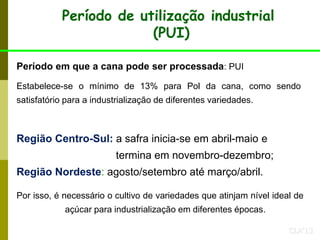 CLA’13
Período em que a cana pode ser processada: PUI
Estabelece-se o mínimo de 13% para Pol da cana, como sendo
satisfatório para a industrialização de diferentes variedades.
Período de utilização industrial
(PUI)
Região Centro-Sul: a safra inicia-se em abril-maio e
termina em novembro-dezembro;
Região Nordeste: agosto/setembro até março/abril.
Por isso, é necessário o cultivo de variedades que atinjam nível ideal de
açúcar para industrialização em diferentes épocas.
 