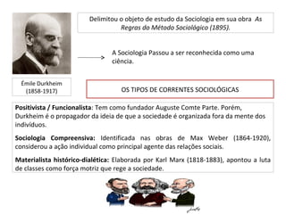 Delimitou o objeto de estudo da Sociologia em sua obra As
                                  Regras do Método Sociológico (1895).


                                A Sociologia Passou a ser reconhecida como uma
                                ciência.


 Émile Durkheim
  (1858-1917)                      OS TIPOS DE CORRENTES SOCIOLÓGICAS

Positivista / Funcionalista: Tem como fundador Auguste Comte Parte. Porém,
Durkheim é o propagador da ideia de que a sociedade é organizada fora da mente dos
indivíduos.
Sociologia Compreensiva: Identificada nas obras de Max Weber (1864-1920),
considerou a ação individual como principal agente das relações sociais.
Materialista histórico-dialética: Elaborada por Karl Marx (1818-1883), apontou a luta
de classes como força motriz que rege a sociedade.
 