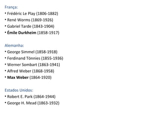 França:
• Frédéric Le Play (1806-1882)
• René Worms (1869-1926)
• Gabriel Tarde (1843-1904)
• Émile Durkheim (1858-1917)
Alemanha:
• George Simmel (1858-1918)
• Ferdinand Tönnies (1855-1936)
• Werner Sombart (1863-1941)
• Alfred Weber (1868-1958)
• Max Weber (1864-1920)
Estados Unidos:
• Robert E. Park (1864-1944)
• George H. Mead (1863-1932)
 