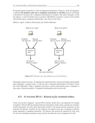 9.7 O pacote IPv4 - Explicação introdutória                                          107


O segundo passo é descobrir a rede da máquina destinatária. Pega-se o ip de tal máquina,
a máscara da própria rede que a máquina remetente se localiza, joga-se na função
e descobre-se em que rede a máquina destinatária se localiza. Em nosso exemplo, a rede
de origem e a rede de destino são as mesmas: 192.168.0.0. portanto o pacote será enviado
diretamente para a máquina destinatária, que está na rede local.
Observe, agora, a ﬁgura abaixo para um cenário diferente:


                 Máquina de origem                           Máquina de destino




           Endereço       Máscara                    Endereço       Máscara
           192.168.0.30   255.255.255.0              200.131.313.31 255.255.255.0




                   Descobrir                                   Descobrir
                   rede                                        rede




                 192.168.0.0                                 200.131.313.0
                 (Rede de origem)                            (Rede de destino)




                                     São redes diferentes!


                Figura 9.7. Enviando para uma máquina em uma rede diferente.



O exemplo acima está claro. A máquina de origem descobre, através da função representada
pelo retângulo, a própria rede e a rede em que a máquina destinatária se localiza. Como
são redes diferentes, então a máquina não envia o pacote diretamente para a máquina, e
sim, para o Gateway padrão. A máquina destinatária está fora da rede.




      9.7. O pacote IPv4 - Explicação introdutória

Como você já deve imaginar, o pacote IPv4 contém, dentro de si, um segmento de camada
transporte. Pacotes IP são interpretados por roteadores; sendo assim, quando um roteador
recebe um pacote, ele deve saber para onde enviá-lo. Um pacote precisa, portanto, de um
endereço de destino; também de um endereço de origem, para que a máquina receptora
possa responder à máquina remetente. Um pacote não precisa de máscara de rede, pois
ele não tem inteligência própria; quem precisa de máscaras são as máquinas da rede.
 