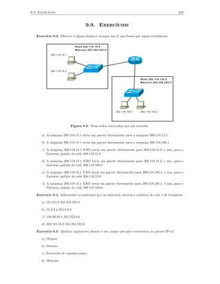 9.9 Exercícios                                                                                    109



                                      9.9. Exercícios

   Exercício 9.3. Observe a ﬁgura abaixo e marque um X nas frases que sejam verdadeiras:


                              Rede 200.118.15.0
                              Máscara 255.255.255.0

            200.118.15.1




            200.118.15.2


                                                                         Rede 200.118.100.0
                                                                         Máscara 255.255.255.0




                                                        200.118.100.1    200.118.100.2




                           Figura 9.9. Duas redes conectadas por um roteador.

      a) A máquina 200.118.15.1 envia um pacote diretamente para a máquina 200.118.15.2

      b) A máquina 200.118.15.1 envia um pacote diretamente para a máquina 200.118.100.1

      c) A máquina 200.118.15.1 NÃO envia um pacote diretamente para 200.118.15.2, e sim, para o
         Gateway padrão da rede 200.118.15.0

      d) A máquina 200.118.15.1 NÃO envia um pacote diretamente para 200.118.15.2, e sim, para o
         Gateway padrão da rede 200.118.100.0

      e) A máquina 200.118.15.1 NÃO envia um pacote diretamente para 200.118.100.1, e sim, para o
         Gateway padrão da rede 200.118.15.0

       f) A máquina 200.118.15.1 NÃO envia um pacote diretamente para 200.118.100.1, e sim, paea o
          Gateway padrão da rede 200.118.100.0.

   Exercício 9.4. Informados os endereços ip e as máscaras, escreva o endereço de rede e de broadcast:

      a) 10.13.5.8 255.255.255.0

      b) 15.3.3.4 255.0.0.0

      c) 129.30.50.1 255.255.0.0

      d) 202.101.55.2 255.255.255.0

   Exercício 9.5. Qual(is) opção(ões) abaixo é um campo que não é necessário no pacote IPv4?

      a) Origem

      b) Destino

      c) Protocolo de camada enlace

      d) Máscara
 