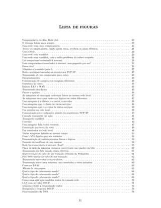 Lista de figuras

Computadores em ilha. Rede fail . . . . . . . . . . . . . . . . . . . .       . . ..   .   .   .   .   .   .   .   .   .   .   .   .   20
E viveram felizes para sempre. . . . . . . . . . . . . . . . . . . . . .      . . ..   .   .   .   .   .   .   .   .   .   .   .   .   20
Uma rede com cinco computadores. . . . . . . . . . . . . . . . . . . .        . . ..   .   .   .   .   .   .   .   .   .   .   .   .   21
Todos os computadores, exceto quem envia, recebem os sinais elétricos.          . ..   .   .   .   .   .   .   .   .   .   .   .   .   21
Uma colisão. . . . . . . . . . . . . . . . . . . . . . . . . . . . . . . .    . . ..   .   .   .   .   .   .   .   .   .   .   .   .   22
Uma rede com repetidor. . . . . . . . . . . . . . . . . . . . . . . . .       . . ..   .   .   .   .   .   .   .   .   .   .   .   .   23
Uma rede com repetidor, com o velho problema do enlace ocupado. .             . . ..   .   .   .   .   .   .   .   .   .   .   .   .   24
Um computador conectado à internet. . . . . . . . . . . . . . . . . .         . . ..   .   .   .   .   .   .   .   .   .   .   .   .   24
Dois computadores conectador à internet, mas pagando por um! . . .            . . ..   .   .   .   .   .   .   .   .   .   .   .   .   25
Estou rico! . . . . . . . . . . . . . . . . . . . . . . . . . . . . . . . .   . . ..   .   .   .   .   .   .   .   .   .   .   .   .   25
Máquina a transmite para b. . . . . . . . . . . . . . . . . . . . . . .       . . ..   .   .   .   .   .   .   .   .   .   .   .   .   27
Redes modernas baseadas na arquitetura TCP/IP. . . . . . . . . . .            . . ..   .   .   .   .   .   .   .   .   .   .   .   .   27
Transmissão de um computador para outro. . . . . . . . . . . . . . .          . . ..   .   .   .   .   .   .   .   .   .   .   .   .   28
Encapsulamento. . . . . . . . . . . . . . . . . . . . . . . . . . . . . .     . . ..   .   .   .   .   .   .   .   .   .   .   .   .   28
Comunicação de camadas em máquina diferentes. . . . . . . . . . . .           . . ..   .   .   .   .   .   .   .   .   .   .   .   .   29
Estrutura do curso. . . . . . . . . . . . . . . . . . . . . . . . . . . .     . . ..   .   .   .   .   .   .   .   .   .   .   .   .   30
Enlaces LAN e WAN . . . . . . . . . . . . . . . . . . . . . . . . . . .       . . ..   .   .   .   .   .   .   .   .   .   .   .   .   34
Transmissão dos dados. . . . . . . . . . . . . . . . . . . . . . . . . .      . . ..   .   .   .   .   .   .   .   .   .   .   .   .   35
Pacote e quadro. . . . . . . . . . . . . . . . . . . . . . . . . . . . . .    . . ..   .   .   .   .   .   .   .   .   .   .   .   .   36
As máquinas só enxergam endereços físicos na mesma rede local. . . .          . . ..   .   .   .   .   .   .   .   .   .   .   .   .   37
As máquinas enxergam endereços lógicos em redes diferentes. . . . . .         . . ..   .   .   .   .   .   .   .   .   .   .   .   .   37
Uma máquina é a cliente, e a outra, o servidor. . . . . . . . . . . . .       . . ..   .   .   .   .   .   .   .   .   .   .   .   .   38
Uma máquina que é cliente de vários serviços. . . . . . . . . . . . . .       . . ..   .   .   .   .   .   .   .   .   .   .   .   .   38
Uma máquina que é servidor de vários serviços. . . . . . . . . . . . .        . . ..   .   .   .   .   .   .   .   .   .   .   .   .   39
Um servidor na rede local. . . . . . . . . . . . . . . . . . . . . . . . .    . . ..   .   .   .   .   .   .   .   .   .   .   .   .   39
Comunicação entre aplicações através da arquitetura TCP/IP. . . . .           . . ..   .   .   .   .   .   .   .   .   .   .   .   .   40
Camada transporte em ação. . . . . . . . . . . . . . . . . . . . . . .        . . ..   .   .   .   .   .   .   .   .   .   .   .   .   41
Transporte conﬁável. . . . . . . . . . . . . . . . . . . . . . . . . . . .    . . ..   .   .   .   .   .   .   .   .   .   .   .   .   42
Conexão. . . . . . . . . . . . . . . . . . . . . . . . . . . . . . . . . .    . . ..   .   .   .   .   .   .   .   .   .   .   .   .   43
Uma máquina fala, todas escutam. . . . . . . . . . . . . . . . . . . .        . . ..   .   .   .   .   .   .   .   .   .   .   .   .   47
Comutação na época da vovó. . . . . . . . . . . . . . . . . . . . . . .       . . ..   .   .   .   .   .   .   .   .   .   .   .   .   49
Um comutador na rede local. . . . . . . . . . . . . . . . . . . . . . .       . . ..   .   .   .   .   .   .   .   .   .   .   .   .   49
Várias máquinas falando ao mesmo tempo. . . . . . . . . . . . . . . .         . . ..   .   .   .   .   .   .   .   .   .   .   .   .   50
Duas LAN’s ligadas por um roteador. . . . . . . . . . . . . . . . . . .       . . ..   .   .   .   .   .   .   .   .   .   .   .   .   51
Demonstração de endereçamentos físicos e lógicos. . . . . . . . . . . .       . . ..   .   .   .   .   .   .   .   .   .   .   .   .   53
Desenho do backbone de um campus. . . . . . . . . . . . . . . . . . .         . . ..   .   .   .   .   .   .   .   .   .   .   .   .   53
Rede local conectada à internet. Será? . . . . . . . . . . . . . . . . .      . . ..   .   .   .   .   .   .   .   .   .   .   .   .   55
Placa de rede da máquina emissora convertendo um quadro em bits. .            . . ..   .   .   .   .   .   .   .   .   .   .   .   .   60
Transmissão em bits usando sinais elétricos. . . . . . . . . . . . . . .      . . ..   .   .   .   .   .   .   .   .   .   .   .   .   61
Representação de cabo de par trançado retirado da Wikipedia. . . . .          . . ..   .   .   .   .   .   .   .   .   .   .   .   .   61
Fios úteis usados no cabo de par trançado. . . . . . . . . . . . . . . .      . . ..   .   .   .   .   .   .   .   .   .   .   .   .   62
Transmissão entre dois computadores. . . . . . . . . . . . . . . . . .        . . ..   .   .   .   .   .   .   .   .   .   .   .   .   62
Transmissão entre uma máquina, um comutador e outra máquina. . .              . . ..   .   .   .   .   .   .   .   .   .   .   .   .   63
Conector RJ-45. . . . . . . . . . . . . . . . . . . . . . . . . . . . . .     . . ..   .   .   .   .   .   .   .   .   .   .   .   .   65
Alicate de crimpagem. . . . . . . . . . . . . . . . . . . . . . . . . . .     . . ..   .   .   .   .   .   .   .   .   .   .   .   .   65
Qual o tipo de cabeamento usado? . . . . . . . . . . . . . . . . . . .        . . ..   .   .   .   .   .   .   .   .   .   .   .   .   68
Qual o tipo de cabeamento usado? . . . . . . . . . . . . . . . . . . .        . . ..   .   .   .   .   .   .   .   .   .   .   .   .   68
Qual o tipo de cabeamento usado? . . . . . . . . . . . . . . . . . . .        . . ..   .   .   .   .   .   .   .   .   .   .   .   .   68
Como uma aplicação modiﬁca dados da camada rede. . . . . . . . . .            . . ..   .   .   .   .   .   .   .   .   .   .   .   .   70
LAN com servidor DHCP. . . . . . . . . . . . . . . . . . . . . . . . .        . . ..   .   .   .   .   .   .   .   .   .   .   .   .   71
Máquina cliente a requisitando dados. . . . . . . . . . . . . . . . . .       . . ..   .   .   .   .   .   .   .   .   .   .   .   .   72
Resquisição e resposta DHCP. . . . . . . . . . . . . . . . . . . . . . .      . . ..   .   .   .   .   .   .   .   .   .   .   .   .   73
Funcionamento do DNS. . . . . . . . . . . . . . . . . . . . . . . . . .       . . ..   .   .   .   .   .   .   .   .   .   .   .   .   76


                                                       11
 