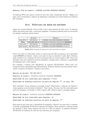 10.4 Máscara de rede em binário                                                         113


Endereço IPv6 em binário: 11000000.10101000.00000000.00000001

O endereço IPv4 tem quatro octetos de oito bits cada, totalizando 32 bits. Mágica (ou
não), esse é exatamente o número de algarismos constantes na versão binária do endereço
IP! Caramba...


                10.4. Máscara de rede em binário

Agora um assunto delicado. Você já sabe o que é uma máscara de rede, certo? A máscara
deﬁne uma parte para rede, e outra para máquina. A máscara também pode ser convertida
em binário, conforme tabela abaixo:

                     Decimal                    Binário
        End IPv4    192.168.0.1   11000000.10101000.00000000.00000001
          Másc    255.255.255.0 11111111.11111111.11111111.0000000
        End rede    192.168.0.0   11000000.10101000.00000000.00000000
        End broad 192.168.0.255   11000000.10101000.00000000.11111111
                Tabela 10.2. Exemplo de máscara de rede convertida em binário


Como você deve ter observado, todos os octetos que são 255 na máscara, são convertidos
como 00000000 em binário. Assim, você pode ver que a conversão é muito fácil. Todavia,
pode acontecer de a máscara de rede em decimal não ter octetos iguais a 255. Para você
entender como isso é possível, devemos relembrar a relação entre a máscara e a quantidade
de máquinas que a rede suporta.
Por exemplo, a famosa rede 192.168.0.0, de máscara 255.255.255.0. Nesta rede, teo-
ricamente temos capacidade para 256 endereços. Podemos observar isso tão-somente obser-
vando a máscara em binário. Vejamos com calma:

Máscara em decimal: 255.255.255.0
Maáscara em binário: 11111111.11111111.11111111.00000000
Quantidade de bits reservados para máquinas: 8 bits
Quantidade de endereços possíveis na parte de máquina: 28, ou seja, 256.

Você entendeu? O que ﬁzemos no exemplo acima? Observamos a máscara em binário e
vimos quantos zeros ela tinha (é latinha?). Tem 8 zeros. Ou seja, oito bits reservados para
parte de máquina; e 2 elevado a 8 bits é igual a 256. Observe agora o exemplo abaixo:

Máscara em binário: 11111111.11111111.00000000.00000000
Quantidade de bits reservados para máquinas: 16
Quantidade de endereços possíveis na parte de máquina: 216.

Está mais do que claro que a quantidade de máquinas “cabíveis” em uma rede é o número
2 elevado à quantidade de bits 0s na máscara em binário. Para converter a máscara acima
em decimal, é fácil: basta lembrar que oito 1s é 255 em binário. A máscara decimal é
255.255.0.0. O endereço de rede não nos interessa, por enquanto.
 
