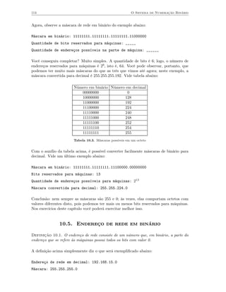 114                                                      O Sistema de Numeração Binário


Agora, observe a máscara de rede em binário do exemplo abaixo:

Máscara em binário: 11111111.11111111.11111111.11000000
Quantidade de bits reservados para máquinas: _____
Quantidade de endereços possíveis na parte de máquina: ______

Você conseguiu completar? Muito simples. A quantidade de bits é 6; logo, o número de
endereços reservados para máquinas é 26, isto é, 64. Você pode observar, portanto, que
podemos ter muito mais máscaras do que as três que vimos até agora; neste exemplo, a
máscara convertida para decimal é 255.255.255.192. Vide tabela abaixo:

                       Número em binário Número em decimal
                          00000000               0
                          10000000             128
                          11000000             192
                          11100000             224
                          11110000             240
                          11111000             248
                          11111100             252
                          11111110             254
                          11111111             255
                       Tabela 10.3. Máscaras possíveis em um octeto


Com o auxílio da tabela acima, é possível converter facilmente máscaras de binário para
decimal. Vide um último exemplo abaixo:

Máscara em binário: 11111111.11111111.11100000.00000000
Bits reservados para máquinas: 13
Quantidade de endereços possíveis para máquinas: 213
Máscara convertida para decimal: 255.255.224.0

Conclusão: nem sempre as máscaras são 255 e 0; às vezes, elas comportam octetos com
valores diferentes disto, pois podemos ter mais ou menos bits reservados para máquinas.
Nos exercícios deste capítulo você poderá exercitar melhor isso.


               10.5. Endereço de rede em binário

Definição 10.1. O endereço de rede consiste de um número que, em binário, a parte do
endereço que se refere às máquinas possui todos os bits com valor 0.

A deﬁnição acima simplesmente diz o que será exempliﬁcado abaixo:

Endereço de rede em decimal: 192.168.15.0
Máscara: 255.255.255.0
 