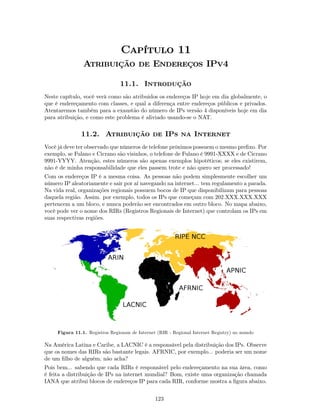 Capítulo 11
                Atribuição de Endereços IPv4

                                 11.1. Introdução
Neste capítulo, você verá como são atribuidos os endereços IP hoje em dia globalmente, o
que é endereçamento com classes, e qual a diferença entre endereços públicos e privados.
Atentaremos também para a exaustão do número de IPs versão 4 disponíveis hoje em dia
para atribuição, e como este problema é aliviado usando-se o NAT.


               11.2. Atribuição de IPs na Internet
Você já deve ter observado que números de telefone próximos possuem o mesmo preﬁxo. Por
exemplo, se Fulano e Cicrano são visinhos, o telefone de Fulano é 9991-XXXX e de Cicrano
9991-YYYY. Atenção, estes números são apenas exemplos hipotéticos; se eles existirem,
não é de minha responsabilidade que eles passem trote e não quero ser processado!
Com os endereços IP é a mesma coisa. As pessoas não podem simplesmente escolher um
número IP aleatoriamente e sair por aí navegando na internet... tem regulamento a parada.
Na vida real, organizações regionais possuem bocos de IP que disponibilizam para pessoas
daquela região. Assim. por exemplo, todos os IPs que começam com 202.XXX.XXX.XXX
pertencem a um bloco, e nunca poderão ser encontrados em outro bloco. No mapa abaixo,
você pode ver o nome dos RIRs (Registros Regionais de Internet) que controlam os IPs em
suas respectivas regiões.




     Figura 11.1. Registros Regionais de Internet (RIR - Regional Internet Registry) no mundo

Na América Latina e Caribe, a LACNIC é a responsável pela distribuição dos IPs. Observe
que os nomes das RIRs são bastante legais. AFRNIC, por exemplo... poderia ser um nome
de um ﬁlho de alguém, não acha?
Pois bem... sabendo que cada RIRs é responsável pelo endereçamento na sua área, como
é feita a distribuição de IPs na internet mundial? Bom, existe uma organização chamada
IANA que atribui blocos de endereços IP para cada RIR, conforme mostra a ﬁgura abaixo.


                                                123
 