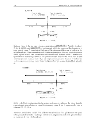 126                                                             Atribuição de Endereços IPv4


              CLASSE B
                          Parte da rede            Parte da máquina
                          de 128.0 a 191.255       ( 2^16 ) - 2 endereços




                      8 bits           8 bits          8 bits            8 bits


                                       16 bits     16 bits


                                     Máscara 255.255.0.0


                                     Figura 11.4. Classe B


Enﬁm, a classe C diz que suas redes possuem máscara 255.255.255.0. As redes de classe
C vão de 192.0.0.x até 223.255.255.x. Isso equivale a 1/8 dos endereços IPs disponíveis, e
cada rede de classe C possui capacidade para 254 máquinas (256 menos os endereços de
rede e broadcast). Essas redes são as mais prováveis de existirem; contudo, como mostramos
acima, apenas 1/8 do total de IPs estão nas duas milhões de redes classe C; metade dos
quatro bilhões de endereços IP estão em apenas 127 redes de classe A! Pouco mais de 100
empresas possuem redes de Classe A, e tais empresas nunca usarão todos os 16 milhões de
endereços possíveis em suas redes. Como você pode observar, há uma desigualdade gritante
aí.

           CLASSE C
                                Parte da rede                   Parte da máquina
                                de 192.0.0 a 223.255.255        ( 2^8 ) - 2 endereços




                 8 bits            8 bits          8 bits          8 bits


                                                   32 bits      8 bits


                                Máscara 255.255.255.0


                                     Figura 11.5. Classe C


Nota 11.1. Neste capítulo, nas tabelas abaixo, indicamos os endereços das redes. Quando
eventualmente nos referimos a redes hipotéticas da classe D ou E, usamos redes com a
máscara 255.255.255.0.


Na tabela comparativa abaixo, você pode ver um resumo de tudo que falamos até agora
sobre quantidade de redes e endereços atribuíveis a máquinas em cada rede (já subtraímos
os endereços de rede e de broadcast).
 