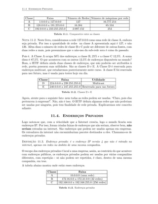 11.4 Endereços Privados                                                                127



  Classe           Faixa           Número de Redes Número de máquinas por rede
    A       1.0.0.0 a 127.0.0.0          127               16.777.214
    B     128.0.0.0 a 191.255.0.0       16.384               65.534
    C    192.0.0.0 a 223.255.255.0    2.097.152                254
                          Tabela 11.1. Comparativo entre as classes

Nota 11.2. Neste livro, consideramos a rede 127.0.0.0 como uma rede de classe A, embora
seja privada. Por isso a quantidade de redes na classe A apresentada aqui é 127, e não
126. Além disso o número de redes de classe B e C pode ser diferente de outras fontes, com
duas redes a mais, pois presumimos que o não-uso da sub-rede zero é coisa do passado.

Pois é. A Classe A ocupa 50% dos endereços; a classe B, 25% e a classe C 12,5%. A soma
disso é 87,5%. O que aconteceu com os outros 12,5% de endereços disponíveis no mundo?
Bom, o IETF deﬁniu ainda duas classes de endereços, que não poderão ser atribuídos à
rede, porém possuem suas utilidades. São as classes D e E. A Classe D é reservada para
endereços multicast, que estudaremos posteriormente neste curso. A classe E foi reservada
para uso futuro, mas é usada para testes hoje em dia.

             Classe           Faixa                  Utilidade
               D    224.0.0.0 a 239.255.255.0         Multicast
               E    240.0.0.0 a 247.255.255.0 Reservado para uso futuro
                                 Tabela 11.2. Classes D e E

Agora, atente para o seguinte fato: nem todas as redes podem ser usadas. “Claro, pois elas
pertencem à empresas!”. Não, não é isso. O IETF deﬁniu algumas redes que não poderiam
ser usadas por ninguém, pois tem ﬁnalidade de rede privada. Explicaremos este conceito
adiante.

                       11.4. Endereços Privados
Logo notou-se que, com a velocidade que a Internet crescia, logo o mundo ﬁcaria sem
endereços IP. Por isso, foram criadas faixas de endereços que não seriam, observe bem, não
seriam roteadas na internet. São endereços que podem ser usados apenas em empresas.
Os roteadores da internet não encaminhariam pacotes destinados a eles. Chamamo-os de
endereços privados.

Definição 11.3. Endereço privado: é o endereço IP versão 4 que não é roteado na
internet, apenas em redes no âmbito de uma mesma companhia.

O escopo dos endereços privados é local a uma empresa; assim, ao contrário do que acontece
com endereços públicos, os endereços privados podem ser usados por várias companhias
diferentes, com repetição - só não podem ser repetidos, é claro, dentro de uma mesma
companhia, em tese.
A tabela abaixo mostra onde estão esses endereços.

                    Classe                  Faixa
                      A              10.0.0.0 (uma rede)
                      B       172.16.0.0 a 172.31.0.0 (32 redes)
                      C    192.168.0.0 a 192.168.255.0 (256 redes)
                              Tabela 11.3. Endereços privados
 