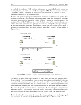 132                                                                           Atribuição de Endereços IPv4


A tradução de endereços NAT funciona unicamente na camada Rede, pois traduz um
endereço lógico para outro. Já a tradução de portas PAT atua nas em duas camadas:
Transporte e Rede. Você deve se lembrar do que estudamos no capítulo 2, seção 2.7
(“Camada transporte”). Se não lembra, leia.
O meio pelo qual as aplicações se identiﬁcam é através dos números das portas. Por
exemplo, o cliente WEB na máquina abre uma conexão WEB com um servidor em outra
máquina. Assim, o cliente pode abrir a porta 2055, por exemplo, na camada transporte da
máquina. E o servidor WEB mantém a porta 80 aberta para receber conexões. Se o mesmo
cliente abre outra aplicação, esta aplicação irá abrir uma nova porta, 2056, por exemplo.
E os servidores sabem que devem responder aos clientes com o IP de destino do cliente, e
porta de destino equivalente àquela que o cliente abriu. Para entender melhor, analise a
ﬁgura abaixo:


              1) Resquisição de serviço


                     Cliente WEB                                         Servidor WEB
                     Usa porta 2056                                      Usa porta 80

                 a
                                                       Internet

              10.5.5.5                                                                    b
                                                                                          20.6.6.6


                     IP origem Porta origem Ip dest. Porta dest.
                     10.5.5.5 2 0 5 6       20.6.6.6 8 0




              1) Resposta do servidor


                     Cliente WEB                                         Servidor WEB
                     Usa porta 2056                                      Usa porta 80

                 a
                                                       Internet

              10.5.5.5                                                                    b
                                                                                          20.6.6.6



                                           IP origem Porta orig.   Ip dest. Porta dest.
                                           20.6.6.6 8 0            10.5.5.5 2 0 5 6



         Figura 11.10. Requisição e resposta: as aplicações usam portas para identiﬁcar-se.


No passo 1, o cliente conecta-se ao servidor. A porta que a aplicação web usa para identi-
ﬁcar-se é 2056. Poderia ser qualquer outra porta que não estivesse sendo usada. É o sistema
operacional da máquina a que escolhe qual porta associar a essa aplicação. O usuário
digita um endereço no cliente web, e o cliente conecta-se ao servidor na porta 80 (pois
convencionou-se que servidores web sempre usam a porta 80 por padrão para serviços web).
No passo 2, quando o servidor recebe a requisição, ele responde para a máquina que
requisitou, e para a aplicação que requisitou, usando, logicamente, o endereço da máquina
a como destino e a porta que identiﬁca a aplicação cliente, que é 2056 neste exemplo.

Nota 11.4. Lembre-se que, além do número da porta, a aplicação deve escolher por qual
dos protocolos da camada transporte deve transmitir os dados: TCP ou UDP.
 
