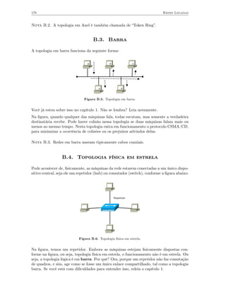 178                                                                         Redes Legadas


Nota B.2. A topologia em Anel é também chamada de “Token Ring”.


                                    B.3. Barra

A topologia em barra funciona da seguinte forma:


                                a             b               c




                                       d               e



                              Figura B.5. Topologia em barra.


Você já estou sobre isso no capítulo 1. Não se lembra? Leia novamente.
Na ﬁgura, quando qualquer das máquinas fala, todas escutam, mas somente a verdadeira
destinatária recebe. Pode haver colisão nessa topologia se duas máquinas falam mais ou
menos ao mesmo tempo. Nesta topologia entra em funcionamento o protocolo CSMA/CD,
para minimizar a ocorrência de colisões ou os prejuízos advindos delas.

Nota B.3. Redes em barra usavam tipicamente cabos coaxiais.


                 B.4. Topologia física em estrela

Pode acontecer de, ﬁsicamente, as máquinas da rede estarem conectadas a um único dispo-
sitivo central, seja ele um repetidor (hub) ou comutador (switch), conforme a ﬁgura abaixo:




                                                  Repetidor




                           Figura B.6. Topologia física em estrela.


Na ﬁgura, temos um repetidor. Embora as máquinas estejam ﬁsicamente dispostas con-
forme na ﬁgura, ou seja, topologia física em estrela, o funcionamento não é em estrela. Ou
seja, a topologia lógica é em barra. Por quê? Ora, porque um repetidor não faz comutação
de quadros, e sim, age como se fosse um único enlace compartilhado, tal como a topologia
barra. Se você está com diﬁculdades para entender isso, releia o capítulo 1.
 