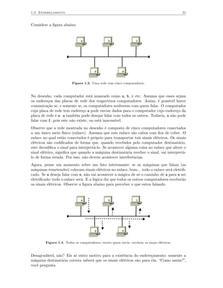 1.3 Endereçamento                                                                            21


Considere a ﬁgura abaixo:


                               a                b                  c




                                       d                  e



                         Figura 1.3. Uma rede com cinco computadores.



No desenho, cada computador está nomeado como a, b, c etc. Assuma que esses sejam
os endereços das placas de rede dos respectivos computadores. Assim, é possível haver
comunicação se, e somente se, os computadores souberem com quem falar. O computador
cuja placa de rede tem endereço a pode enviar dados para o computador cujo endereço da
placa de rede é e. a também pode desejar falar com todos os outros. Todavia, a não pode
falar com f, pois este não existe, ou está inacessível.
Observe que a rede mostrada no desenho é composta de cinco computadores conectados
a um único meio físico (enlace). Assuma que este enlace são cabos com ﬁos de cobre. O
enlace no qual estão conectados é próprio para transportar tais sinais elétricos. Os sinais
elétricos são codiﬁcados de forma que, quando recebidos pelo computador destinatário,
este decodiﬁca o sinal para interpretá-lo. Se acontecer alguma coisa no enlace que altere o
sinal elétrico, signiﬁca que quando a máquina destinatária receber o sinal, vai interpretá-
lo de forma errada. Por isso, não devem acontecer interferências.
Agora, pense um momento sobre um fato interessante: se as máquinas que falam (as
máquinas remetendes) colocam sinais elétricos no enlace, bom... todo o enlace será eletriﬁ-
cado. Se a deseja falar com e, não vai acontecer a mágica de só o caminho de a para e ser
eletriﬁcado: todo o enlace será. E a lógica diz que todos os outros computadores receberão
os sinais elétricos. Observe a ﬁgura abaixo para perceber o que estou falando.


                               a                b                  c




                                       d                  e



        Figura 1.4. Todos os computadores, exceto quem envia, recebem os sinais elétricos.



Desagradável, não? Eis aí outro motivo para a existência do endereçamento: somente a
máquina destinatária correta saberá que os sinais elétricos são para ela. “Como assim?”,
você pergunta.
 