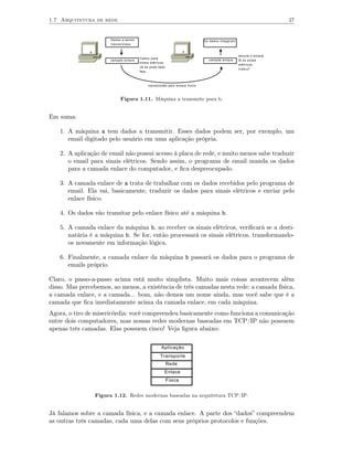 1.7 Arquitetura de rede                                                                                               27


                         Dados a serem                                         Os dados chegaram
                         transmitidos

               a                                                   b
                                                                                                   escuta o enlace,
                                         traduz para
                         camada enlace                                           camada enlace     lê os sinais
                                         sinais elétricos,
                                                                                                   elétricos,
                                         vê se pode falar,
                                                                                                   traduz!
                                         fala...



                                              transmissão pelo enlace físico



                              Figura 1.11. Máquina a transmite para b.


Em suma:

    1. A máquina a tem dados a transmitir. Esses dados podem ser, por exemplo, um
       email digitado pelo usuário em uma aplicação própria.

    2. A aplicação de email não possui acesso à placa de rede, e muito menos sabe traduzir
       o email para sinais elétricos. Sendo assim, o programa de email manda os dados
       para a camada enlace do computador, e ﬁca despreocupado.

    3. A camada enlace de a trata de trabalhar com os dados recebidos pelo programa de
       email. Ela vai, basicamente, traduzir os dados para sinais elétricos e enviar pelo
       enlace físico.

    4. Os dados vão transitar pelo enlace físico até a máquina b.

    5. A camada enlace da máquina b, ao receber os sinais elétricos, veriﬁcará se a desti-
       natária é a máquina b. Se for, então processará os sinais elétricos, transformando-
       os novamente em informação lógica.

    6. Finalmente, a camada enlace da máquina b passará os dados para o programa de
       emails próprio.

Claro, o passo-a-passo acima está muito simplista. Muito mais coisas acontecem além
disso. Mas percebemos, ao menos, a existência de três camadas nesta rede: a camada física,
a camada enlace, e a camada... bom, não demos um nome ainda, mas você sabe que é a
camada que ﬁca imediatamente acima da camada enlace, em cada máquina.
Agora, o tiro de misericórdia: você compreendeu basicamente como funciona a comunicação
entre dois computadores, mas nossas redes modernas baseadas em TCP/IP não possuem
apenas três camadas. Elas possuem cinco! Veja ﬁgura abaixo:

                                                      Aplicação
                                                      Transporte
                                                         Rede
                                                         Enlace
                                                         Física


                   Figura 1.12. Redes modernas baseadas na arquitetura TCP/IP.


Já falamos sobre a camada física, e a camada enlace. A parte dos “dados” compreendem
as outras três camadas, cada uma delas com seus próprios protocolos e funções.
 