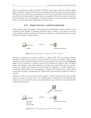 38                                                   Funcionamento Básico de Redes TCP/IP


Observe que dissemos “pode ser visível em WAN’s”. Isso porque, embora o endereço lógico
possa ser público, o gerente de rede tem a possibilidade de não permitir que isso seja assim.
Endereço físico é aquele que uma máquina na rede local usa para falar com outra máquina
na rede local. Endereço lógico é aquele que seu navegador web favorito usa para acessar um
site interessante, pois seu navegador web precisa enxergar mais do que apenas máquinas
locais: servidores web estão espalhados pelo mundo todo.


                 2.5. Arquitetura cliente-servidor
Todo mundo é cliente de alguém. Pode parecer uma frase polêmica, mas é verdade. E isso
se aplica às redes também: a máquina que solicita algo é a cliente, e a que provê, o servidor.
A sua máquina (cliente) atravessa a internet, até encontrar a máquina que provê o serviço
desejado. Considere a ﬁgura abaixo:




                                        internet


                    cliente                                    servidor de arquivos



                   Figura 2.6. Uma máquina é a cliente, e a outra, o servidor.


Na ﬁgura, a máquina com a palavra “cliente” é a cliente (dã!). Sim, isso mesmo. Valente,
intrépida e afoita, avança pelos sete mares em busca do tesouro escondido. Todavia, ﬁque
atento para o fato de que as máquinas não são apenas clientes, elas são clientes de alguma
coisa. Com os servidores, o mesmo acontece: são servidores de alguma coisa. Na ﬁgura
acima, por exemplo, temos uma máquina que é cliente de arquivos (ou seja, usa um pro-
grama que solicita uma conexão com um servidor de arquivos), e a outra máquina é o
servidor de arquivos. Para ser mais especíﬁco, a verdade é que a máquina em si não é cliente
ou servidora de nada; os programas que rodam nelas é que assumem o papel de cliente ou
servidor.
Podemos ter um caso em que uma única máquina é cliente de duas coisas; por exemplo,
cliente de arquivos e cliente web - o que signiﬁca que a máquina roda um aplicativo que
conecta-se a um servidor de arquivos, e outro aplicativo que conecta-se a um servidor web,
conforme ﬁgura abaixo:




                                                               servidor www




                                        internet


                    cliente de                                 servidor de arquivos
                    aquivos;
                    cliente www


                    Figura 2.7. Uma máquina que é cliente de vários serviços.
 