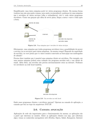 2.6 Camada aplicação                                                                       39


Simpliﬁcando: uma única máquina pode ter vários programas clientes. Da mesma forma
(embora isso não seja muito comum, nem muito recomendável), podemos ter uma máquina
que é servidora de vários serviços (olha a redundância), isto é, roda vários programas
servidores. Como um garçom que além de servir pizza, limpa a mesa e varre o chão após
a festa.
                   cliente de www




                                        internet


                   cliente de                                       servidor de arquivos
                   aquivos                                          servidor www


                  Figura 2.8. Uma máquina que é servidor de vários serviços.

Obviamente, uma máquina que tenha programas servidores tem a possibilidade de prover
o serviço (ou os serviços) para várias máquinas. Ao mesmo tempo! Depende da capacidade
do servidor; ou você pensa que é o único usuário conectado ao bate-papo nas madrugadas
de sábado?
Preciso dizer também que é possível uma máquina cliente ser servidora. Por exemplo, em
uma mesma máquina podem estar rodando um programa servidor web, e um cliente de
email. Além disso, um servidor não precisa necessariamente estar na internet. Podemos
ter servidores na rede local também.

                                    a              b            c




                                                   d


                                         servidor de arquivos


                            Figura 2.9. Um servidor na rede local.

Onde esses programas clientes e servidores operam? Operam na camada de aplicação, a
camada que ﬁca no topo da arquitetura TCP/IP.


                          2.6. Camada aplicação
Aplicações de rede são importantes para o funcionamento da mesma; as aplicações são
a parte que interessa ao usuário. Entre as aplicações clientes (ou seja, que solicitam
algo), temos os conhecidos navegadores web (Firefox, Opera, Safari, Konqueror, Internet
 