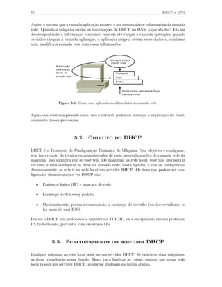 70                                                                                            DHCP e DNS


Assim, é natural que a camada aplicação mostre, e até mesmo altere informações da camada
rede. Quando a máquina recebe as informações de DHCP ou DNS, o que ela faz? Ela vai
desencapsulando a informação e subindo com ela até chegar à camada aplicação; quando
os dados chegam à camada aplicação, a aplicação própria obtém esses dados e, conforme
seja, modiﬁca a camada rede com essas informações.


                                                Aplicação própria
                                                 (DHCP, DSN...)
                A aplicação
                modifica os
                dados da                             Transporte
                camada rede.
                                                     Rede
                                                     Enlace


                                                            Dados vindos pelo enlace físico
                                                            (camada física)


                 Figura 5.1. Como uma aplicação modiﬁca dados da camada rede.


Agora que você compreende como isso é natural, podemos começar a explicação do funci-
onamento desses protocolos.



                               5.2. Objetivo do DHCP

DHCP é o Protocolo de Conﬁguração Dinâmica de Máquina. Seu objetivo é conﬁgurar,
sem intervenção do técnico ou administrador de rede, as conﬁgurações de camada rede da
máquina. Isso signigica que se você tem 500 máquinas na rede local, você não precisará ir
em uma a uma conﬁgurar os itens da camada rede; basta ligá-las, e elas os conﬁgurarão
dinamicamente, se existir na rede local um servidor DHCP. Os itens que podem ser con-
ﬁgurados dinamicamente via DHCP são:

     •   Endereço lógico (IP) e máscara de rede.

     •   Endereço do Gateway padrão.

     •   Opcionalmente, porém recomendado, o endereço do servidor (ou dos servidores, se
         for mais de um) DNS.

Por ser o DHCP um protocolo da arquitetura TCP/IP, ele é encapsulado em um protocolo
IP, trabalhando, portanto, com endereços IPs.



              5.3. Funcionamento do servidor DHCP

Qualquer máquina na rede local pode ser um servidor DHCP. Se existirem duas máquinas,
as duas trabalharão nessa função. Bom, para facilitar as coisas, assuma que nossa rede
local possui um servidor DHCP, conforme ilustrado na ﬁgura abaixo.
 