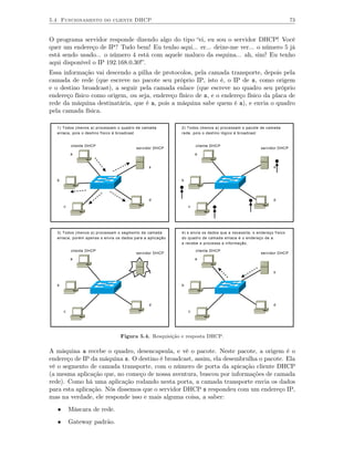 5.4 Funcionamento do cliente DHCP                                                                                    73


O programa servidor responde dizendo algo do tipo “ei, eu sou o servidor DHCP! Você
quer um endereço de IP? Tudo bem! Eu tenho aqui... er... deixe-me ver... o número 5 já
está sendo usado... o número 4 está com aquele maluco da esquina... ah, sim! Eu tenho
aqui disponível o IP 192.168.0.30!”.
Essa informação vai descendo a pilha de protocolos, pela camada transporte, depois pela
camada de rede (que escreve no pacote seu próprio IP, isto é, o IP de s, como origem
e o destino broadcast), a seguir pela camada enlace (que escreve no quadro seu próprio
endereço físico como origem, ou seja, endereço físico de s, e o endereço físico da placa de
rede da máquina destinatária, que é a, pois a máquina sabe quem é a), e envia o quadro
pela camada física.

   1) Todos (menos a) processam o quadro de camada          2) Todos (menos a) processam o pacote de camada
   enlace, pois o destino físico é broadcast                rede, pois o destino lógico é broadcast


           cliente DHCP                                             cliente DHCP
                                          servidor DHCP                                              servidor DHCP
           a                                                        a


                                                s                                                           s


   b                                                        b




                                                d                                                           d
       c                                                        c




   3) Todos (menos a) processam o segmento de camada        4) s envia os dados que a necessita; o endereço físico
   enlace, porém apenas s envia os dados para a aplicação   do quadro de camada enlace é o endereço de a.
                                                            a recebe e processa a informação.

           cliente DHCP                                             cliente DHCP
                                          servidor DHCP                                              servidor DHCP
           a                                                        a


                                                s                                                           s


   b                                                        b




                                                d                                                           d
       c                                                        c




                                  Figura 5.4. Resquisição e resposta DHCP.

A máquina a recebe o quadro, desencapsula, e vê o pacote. Neste pacote, a origem é o
endereço de IP da máquina s. O destino é broadcast, assim, ela desembrulha o pacote. Ela
vê o segmento de camada transporte, com o número de porta da apicação cliente DHCP
(a mesma aplicação que, no começo de nossa aventura, buscou por informações de camada
rede). Como há uma aplicação rodando nesta porta, a camada transporte envia os dados
para esta aplicação. Nós dissemos que o servidor DHCP s respondeu com um endereço IP,
mas na verdade, ele responde isso e mais alguma coisa, a saber:
   •       Máscara de rede.
   •       Gateway padrão.
 