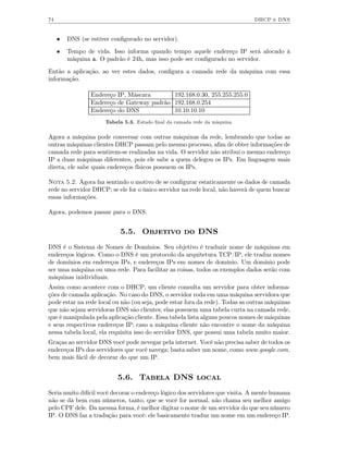 74                                                                            DHCP e DNS


     •   DNS (se estiver conﬁgurado no servidor).
     •   Tempo de vida. Isso informa quando tempo aquele endereço IP será alocado à
         máquina a. O padrão é 24h, mas isso pode ser conﬁgurado no servidor.

Então a aplicação, ao ver estes dados, conﬁgura a camada rede da máquina com essa
informação.

                 Endereço IP, Máscara       192.168.0.30, 255.255.255.0
                 Endereço de Gateway padrão 192.168.0.254
                 Endereço do DNS            10.10.10.10
                      Tabela 5.3. Estado ﬁnal da camada rede da máquina.

Agora a máquina pode conversar com outras máquinas da rede, lembrando que todas as
outras máquinas clientes DHCP passam pelo mesmo processo, aﬁm de obter informações de
camada rede para sentirem-se realizadas na vida. O servidor não atribui o mesmo endereço
IP a duas máquinas diferentes, pois ele sabe a quem delegou os IPs. Em linguagem mais
direta, ele sabe quais endereços físicos possuem os IPs.

Nota 5.2. Agora faz sentindo o motivo de se conﬁgurar estaticamente os dados de camada
rede no servidor DHCP; se ele for o único servidor na rede local, não haverá de quem buscar
essas informações.

Agora, podemos passar para o DNS.


                            5.5. Objetivo do DNS
DNS é o Sistema de Nomes de Domínios. Seu objetivo é traduzir nome de máquinas em
endereços lógicos. Como o DNS é um protocolo da arquitetura TCP/IP, ele traduz nomes
de domínios em endereços IPs, e endereços IPs em nomes de domínio. Um domínio pode
ser uma máquina ou uma rede. Para facilitar as coisas, todos os exemplos dados serão com
máquinas inidividuais.
Assim como acontece com o DHCP, um cliente consulta um servidor para obter informa-
ções de camada aplicação. No caso do DNS, o servidor roda em uma máquina servidora que
pode estar na rede local ou não (ou seja, pode estar fora da rede). Todas as outras máquinas
que não sejam servidoras DNS são clientes; elas possuem uma tabela curta na camada rede,
que é manipulada pela aplicação cliente. Essa tabela lista alguns poucos nomes de máquinas
e seus respectivos endereços IP; caso a máquina cliente não encontre o nome da máquina
nessa tabela local, ela requisita isso do servidor DNS, que possui uma tabela muito maior.
Graças ao servidor DNS você pode nevegar pela internet. Você não precisa saber de todos os
endereços IPs dos servidores que você navega; basta saber um nome, como www.google.com,
bem mais fácil de decorar do que um IP.


                           5.6. Tabela DNS local
Seria muito difícil você decorar o endereço lógico dos servidores que visita. A mente humana
não se dá bem com números, tanto, que se você for normal, não chama seu melhor amigo
pelo CPF dele. Da mesma forma, é melhor digitar o nome de um servidor do que seu número
IP. O DNS faz a tradução para você: ele basicamente traduz um nome em um endereço IP.
 