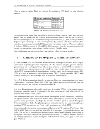 5.7 Obtendo IP de máquina a partir do servidor                                          75


Observe a tabela abaixo. Ela é um exemplo de uma tabela DNS local, em uma máquina
qualquer:

                          Nome da máquina         Endereço IP
                          braço                   192.168.0.31
                          sangue_bão              192.168.0.50
                          mano                    200.10.20.21
                          nóix_é_déix             195.5.120.14
                          Tabela 5.4. Exemplo de tabela DNS local.


No exemplo acima, temos duas máquinas na rede local (braço e sangue_bão), uma máquina
fora da rede, em São Paulo, por exemplo, e outra também fora da rede, no Rio de Janeiro.
Sabemos que um pacote de camada rede não pode colocar “nóix_é_déix” no campo destino
do pacote (pois esse campo só aceita endereçamento IP), o cliente DNS da máquina local vai
consultar essa sua pequena tabela DNS para ver se encontra o endereço IP correspondente.
E o cliente DNS encontrou: é 195.5.120.14. Este endereço é escrito no campo destino do
pacote, e o pacote desce pela pilha e é enﬁm enviado. Simples assim.
Essa tabela pode ser um arquivo, lido com qualquer editor de textos simples.


    5.7. Obtendo IP de máquina a partir do servidor

A tabela de DNS local não é inﬁnita. Ela não contém, e nem poderia conter, todos os pos-
síveis nomes mapeados para seus respectivos IPs. Por exemplo, imagine que esta máquina
queira enviar um pacote para “trem_bão” (Minas Gerais). O cliente DNS procuraria esse
nome na tabela, e não encontraria. A vontade de comer queijo minas é maior, então, o
cliente DNS na máquina local passaria para o próximo passo, que é consultar um servidor
DNS. Você está se lembrando, na explicação sobre DHCP, de que o servidor DHCP pode
prover o endereço do servidor DNS para as máquinas na rede local?

Nota 5.3. Todas as máquinas da rede, se quiserem falar com outras máquinas pelo nome,
precisam saber o endereço do servidor DNS. Esse endereço pode ser conﬁgurado estatica-
mente na máquina, ou pode ser aprendido via DHCP.

Pois bem. Essa máquina sabe qual é o endereço do servidor DNS, e envia uma mensagem
de camada aplicação para lá. A mensagem diz mais ou menos: ei, você sabe qual o IP da
máquina cujo nome é “trem_bão”?
Essa mensagem desce pela pilha de protocolos da máquina, através da camada transporte,
em seguida, camada rede (com IP de destino sendo o endereço da máquina DNS), camada
enlace e assim por diante. Ao chegar na máquina servidora DNS, a camada transporte
desta encaminha os dados da aplicação para a aplicação correta (no caso, uma aplicação
servidora DNS), que procura por “trem_bão” na sua enorme tabela DNS.
Se encontrar, ela retorna uma mensagem parecida com: achei! O endereço IP de “trem_bão”
é 15.30.45.90. Essa informação desce pela pilha de protocolos e é destinada à máquina que
pediu. Por sua vez, a máquina que pediu sobe com os dados pela pilha de protocolos e os
envia para a aplicação cliente DNS, que escreve no arquivo DNS local o nome da máquina
e o endereço aprendido. Agora, a máquina pode falar com “trem_bão”, pois já sabe para
qual IP enviar.
 
