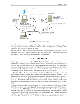 76                                                                                                               DHCP e DNS


                                    1) Usuário digita "trem_bão"




                                                                                       Servidor DNS
                                                4) ...e acessa a máquina "trem_bão"
                                                       pelo IP.                                         3e) O servidor,
                                                                                                        encontrando o IP
                                                                                                        de "trem_bão", retorna
     3g) A máquina                                                     3d) O
                                                                                                        este IP
     recebe o IP,                                                      servidor
     a vai para                                                        procura
                     2) A aplicação
     o passo                                                           na tabela DNS
                     verifica se sua tabela                                                   3c) Requisita o IP de "trem_bão"
      4...                                                             local
                     local tem o IP de trem bão.                                              do servidor DNS

                     3a) Se existir, retorna o IP...
                     3b) Se não existir, então...




                                                                   3f) O servidor responde ao cliente
                                                                   DNS com o IP de "trem_bão"




                     Máquina "trem_bão"


                                           Figura 5.5. Funcionamento do DNS.

Uma observação: quando a máquina é desligada, ou quando passa-se algum tempo, o
endereço aprendido que ﬁca armazenado na tabela DNS local é perdido, e a máquina deve
fazer uma nova requisição DNS ao servidor.
Sem um servidor DNS, é possível acessar a internet, mas você precisa decorar os IPs dos
servidores, e isso não é lá muito agradável. Por isso dizemos que a conﬁguração do IP do
servidor DNS não é obrigatória, mas altamente recomendada.


                                                 5.8. Conclusão
Neste capítulo, você aprendeu sobre DHCP e DNS. O DHCP conﬁgura dinamicamente as
informações de camada rede das máquinas na rede local. É necessário que o servidor DHCP
esteja na rede local; de outro modo, as máquinas nunca poderiam obter as informações que
precisam. Também é necessário que o servidor DHCP tenha suas informações de camada
rede previamente conﬁguradas pelo técnico ou administrador da rede, pois se não for assim,
é impossível que ele próprio consiga os dados que precisa a partir do nada.
O DNS é o sistema de nomes de domínio. Sua função é basicamente mapear nomes de
máquinas em endereços físicos (IP). Toda máquina possui uma pequena tabela DNS local
para consultas rápidas; o nome das últimas máquinas aprendidas ﬁcam nessa tabela, e
duram até que a máquina seja desligada ou, então, o tempo de armazenamento seja estou-
rado. Se o cliente DNS rodando na máquina não conseguir mapear um nome em endereço
lógico a partir desta pequena tabela local, ele então obtém essa informação do servidor
DNS.
É altamente recomendado que as máquinas da rede local saibam o endereço do servidor
DNS. Esse endereço pode ser conﬁgurado tanto estaticamente quando via DHCP. Lembre-
se que no servidor DHCP é possível conﬁgurar as informações da camada rede do próprio
servidor, bem como as informações que serão disponibilizadas aos clientes DHCP; entre
essas útlimas, encontram-se um intervalo de IPs, uma máscara, que é igual à máscara do
servidor; um endereço de Gateway padrão, que pode ser ou não o mesmo do servidor, e,
por ﬁm, o DNS, que pode ser o não o mesmo do servidor, mas na maioria das vezes o é.
 