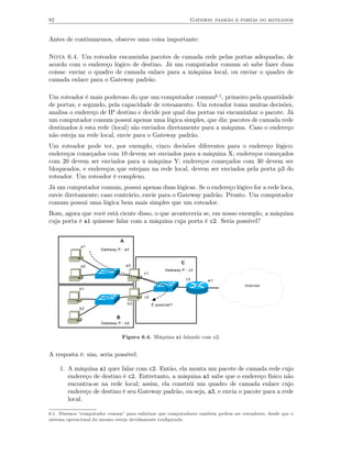 82                                                                 Gateway padrão e portas do roteador


Antes de continuarmos, observe uma coisa importante:

Nota 6.4. Um roteador encaminha pacotes de camada rede pelas portas adequadas, de
acordo com o endereço lógico de destino. Já um computador comum só sabe fazer duas
coisas: enviar o quadro de camada enlace para a máquina local, ou enviar o quadro de
camada enlace para o Gateway padrão.

Um roteador é mais poderoso do que um computador comum6.1 , primeiro pela quantidade
de portas, e segundo, pela capacidade de roteamento. Um roteador toma muitas decisões,
analisa o endereço de IP destino e decide por qual das portas vai encaminhar o pacote. Já
um computador comum possui apenas uma lógica simples, que diz: pacotes de camada rede
destinados à esta rede (local) são enviados diretamente para a máquina. Caso o endereço
não esteja na rede local, envie para o Gateway padrão.
Um roteador pode ter, por exemplo, cinco decisões diferentes para o endereço lógico:
endereços começados com 10 devem ser enviados para a máquina X; endereços começados
com 20 devem ser enviados para a máquina Y; endereços começados com 30 devem ser
bloqueados, e endereços que estejam na rede local, devem ser enviados pela porta p3 do
roteador. Um roteador é complexo.
Já um computador comum, possui apenas duas lógicas. Se o endereço lógico for a rede loca,
envie diretamente; caso contrário, envie para o Gateway padrão. Pronto. Um computador
comum possui uma lógica bem mais simples que um roteador.
Bom, agora que você está ciente disso, o que aconteceria se, em nosso exemplo, a máquina
cuja porta é a1 quisesse falar com a máquina cuja porta é c2. Seria possível?


                                 A
             a1
                      Gateway P.: a3


                                                              C
             a2                      a3
                                                      Gateway P.: c3
                                          c1
                                                                  c3     w1
                                                                                     Internet
             b1

                                          c2
                                     b3        É possível?
             b2

                             B
                      Gateway P.: b3


                                 Figura 6.4. Máquina a1 falando com c2.


A resposta é: sim, seria possível:

     1. A máquina a1 quer falar com c2. Então, ela monta um pacote de camada rede cujo
        endereço de destino é c2. Entretanto, a máquina a1 sabe que o endereço físico não
        encontra-se na rede local; assim, ela constrói um quadro de camada enlace cujo
        endereço de destino é seu Gateway padrão, ou seja, a3, e envia o pacote para a rede
        local.

6.1. Dizemos “computador comum” para enfatizar que computadores também podem ser roteadores, desde que o
sistema operacional do mesmo esteja devidamente conﬁgurado.
 