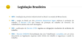 Legislação Brasileira
❖ 1870 - instalação da primeira indústria têxtil no Brasil, no estado de Minas Gerais;
❖ 1891 - surgia no Brasil um dos primeiros dispositivos legais relativos à proteção do
trabalho, o Decreto 1.313 que tratava da proteção do trabalho de menores. Os
trabalhadores adultos não eram abrangidos;
❖ 1919 – publicação do Decreto 3.724, regulava as obrigações resultantes de acidentes do
trabalho;
❖ 1943 – Decreto 5.452/43 (Consolidação das Leis Trabalhistas), consolidou em um único
documento as legislações esparsas sobre direito do trabalho e segurança e saúde no
trabalho;
 