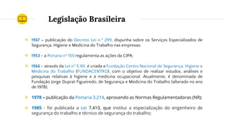 Legislação Brasileira
❖ 1967 – publicação do Decreto Lei n.º 299, dispunha sobre os Serviços Especializados de
Segurança, Higiene e Medicina do Trabalho nas empresas;
❖ 1953 - a Portaria nº 155 regulamenta as ações da CIPA;
❖ 1966 - através da Lei nº 5.161, é criada a Fundação Centro Nacional de Segurança, Higiene e
Medicina do Trabalho (FUNDACENTRO), com o objetivo de realizar estudos, análises e
pesquisas relativas à higiene e à medicina ocupacional. Atualmente, é denominada de
Fundação Jorge Duprat Figueiredo, de Segurança e Medicina do Trabalho (alterado no ano
de 1978);
❖ 1978 – publicação da Portaria 3.214, aprovando as Normas Regulamentadoras (NR);
❖ 1985 - foi publicada a Lei 7.410, que institui a especialização do engenheiro de
segurança do trabalho e técnico de segurança do trabalho;
 