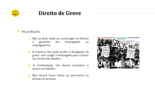 Direito de Greve
❖ Há proibições:
Não se deve violar ou constranger os direitos
e garantias dos empregados ou
empregadores;
A empresa não pode proibir a divulgação da
greve, nem coagir o empregado para cumprir
seu horário de trabalho;
A manifestação não deverá prejudicar o
acesso ao trabalho;
Não deverá haver danos ao patrimônio ou
ameaça às pessoas.
❖
❖
❖
❖
 