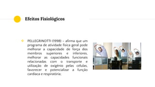 Efeitos Fisiológicos
❖ PELLEGRINOTTI (1998) – afirma que um
programa de atividade física geral pode
melhorar a capacidade de força dos
membros superiores e inferiores,
melhorar as capacidades funcionais
relacionadas com o transporte e
utilização de oxigênio pelas células,
favorecer e potencializar a função
cardíaca e respiratória;
 