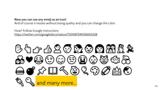 Now you can use any emoji as an icon!
And of course it resizes without losing quality and you can change the color.
How? Follow Google instructions
https://twitter.com/googledocs/status/730087240156643328
✋👆👉👍👤👦👧👨👩👪💃🏃
💑❤😂😉😋😒😭👶😸🐟🍒
🍔💣📌📖🔨🎃🎈🎨🏈🏰🌏
🔌🔑 and many more... 64
 