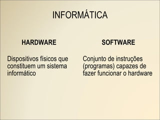 INFORMÁTICA HARDWARE Dispositivos físicos que constituem um sistema informático SOFTWARE Conjunto de instruções (programas) capazes de fazer funcionar o hardware 