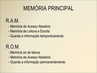 MEMÓRIA PRINCIPAL R.A.M. - Memória de Acesso Aleatório - Memória de Leitura e Escrita - Guarda a informação temporáriamente R.O.M. - Memória só de leitura - Memória de Acesso Aleatório - Guarda a informação permanentemente 