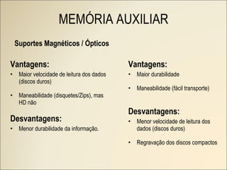 Suportes Magnéticos / Ópticos Vantagens: Maior velocidade de leitura dos dados (discos duros) Maneabilidade (disquetes/Zips), mas HD não Desvantagens: Menor durabilidade da informação. Vantagens: Maior durabilidade Maneabilidade (fácil transporte) Desvantagens: Menor velocidade de leitura dos dados (discos duros) Regravação dos discos compactos MEMÓRIA AUXILIAR 