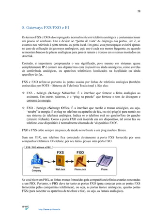 28
http://www.ip10.com.br
8. Gateways FXS/FXO e E1
Os termos FXS e FXO são empregados normalmente em telefonia analógica e costumam causar
um pouco de confusão. Isto é devido ao “ponto de vista” de emprego das portas, isto é, se
estamos nos referindo à porta remota, ou porta local. Em geral, esta preocupação existirá apenas
no caso de utilização de gateways analógicos, cujo uso é cada vez menos frequente, ou quando
se montam bancos de placas analógicas para prover ramais e troncos em sistemas montados em
Asterisk.
Contudo, é importante compreender o seu significado, pois mesmo em sistemas quase
completamente IP é comum nos depararmos com dispositivos ainda analógicos, como estrelas
de conferência analógicas, ou aparelhos telefônicos localizados na localidade ou ainda
aparelhos de fax.
FXS e FXO refere-se portanto às portas usadas por linhas de telefonia analógica (também
conhecidas por POTS – Sistema de Telefonia Tradicional ). São elas:
 FXS - Foreign eXchange Subscriber. É a interface que fornece a linha analógica ao
assinante. Em outras palavras, é o “plug na parede” que fornece o tom de discagem e
corrente de energia.
 FXO - Foreign eXchange Office. É a interface que recebe o tronco analógico, ou seja,
“recebe” a energia. É o plug no telefone ou aparelho de fax, ou o(s) plug(s) para ramais no
seu sistema de telefonia analógica. Indica se o telefone está no gancho/fora do gancho
(circuito fechado). Como a porta FXO está inserida em um dispositivo, tal como fax ou
telefone, esse dispositivo é normalmente chamado de ‘dispositivo FXO’.
FXO e FXS estão sempre em pares, de modo semelhante a um plug macho / fêmea.
Sem um PBX, um telefone fica conectado diretamente à porta FXS fornecida por uma
companhia telefônica. O telefone, por seu turno, possui uma porta FXO.
Se você tiver um PBX, as linhas tronco fornecidas pela companhia telefônica estarão conectadas
a um PBX. Portanto, o PBX deve ter tanto as portas FXO (para conectar com as portas FXS
fornecidas pelas companhias telefônicas), ou seja, as portas tronco analógicas, quanto portas
FXS (para conectar os aparelhos de telefone e fax), ou seja, os ramais analógicos.
 
