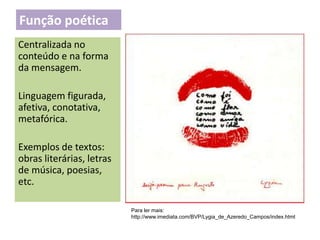 Função poética
Centralizada no
conteúdo e na forma
da mensagem.
Linguagem figurada,
afetiva, conotativa,
metafórica.
Exemplos de textos:
obras literárias, letras
de música, poesias,
etc.
Para ler mais:
http://www.imediata.com/BVP/Lygia_de_Azeredo_Campos/index.html

 