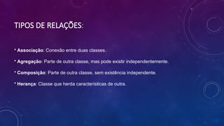 TIPOS DE RELAÇÕES:
• Associação: Conexão entre duas classes.
• Agregação: Parte de outra classe, mas pode existir independentemente.
• Composição: Parte de outra classe, sem existência independente.
• Herança: Classe que herda características de outra.
 