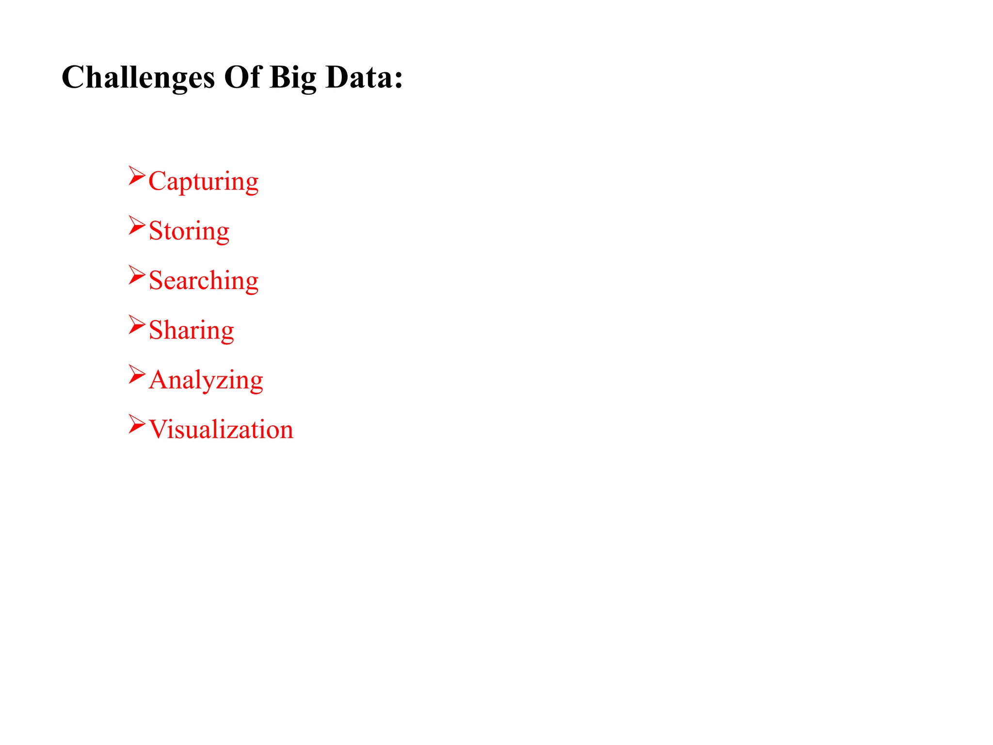Challenges Of Big Data: Capturing Storing Searching Sharing Analyzing Visualization 