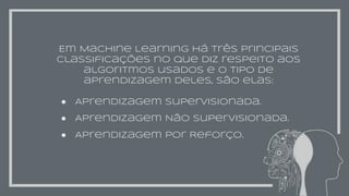 Em Machine Learning há três principais
classificações no que diz respeito aos
algoritmos usados e o tipo de
aprendizagem deles, são elas:
● Aprendizagem Supervisionada.
● Aprendizagem Não Supervisionada.
● Aprendizagem Por Reforço.
 