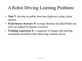A Robot Driving Learning Problem:
• Task T: driving on public four-lane highways using vision
sensors
• Performance measure P: average distance travelled before an
error (as judged by human overseer)
• Training experience E: a sequence of images and steering
commands recorded while observing a human driver.
by swapna.c
 