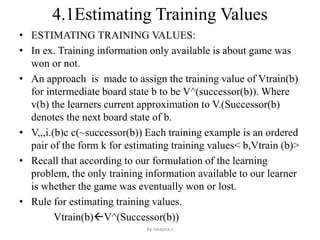4.1Estimating Training Values
• ESTIMATING TRAINING VALUES:
• In ex. Training information only available is about game was
won or not.
• An approach is made to assign the training value of Vtrain(b)
for intermediate board state b to be V^(successor(b)). Where
v(b) the learners current approximation to V.(Successor(b)
denotes the next board state of b.
• V,,,i.(b)c c(~successor(b)) Each training example is an ordered
pair of the form k for estimating training values< b,Vtrain (b)>
• Recall that according to our formulation of the learning
problem, the only training information available to our learner
is whether the game was eventually won or lost.
• Rule for estimating training values.
Vtrain(b)V^(Successor(b))
by swapna.c
 