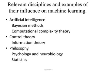 Relevant disciplines and examples of
their influence on machine learning.
• Artificial intelligence
Bayesian methods
Computational complexity theory
• Control theory
Information theory
• Philosophy
Psychology and neurobiology
Statistics
by swapna.c
 