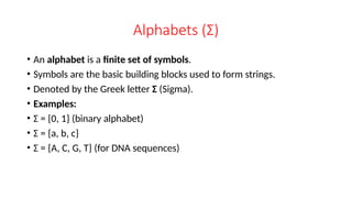 Alphabets (Σ)
• An alphabet is a finite set of symbols.
• Symbols are the basic building blocks used to form strings.
• Denoted by the Greek letter Σ (Sigma).
• Examples:
• Σ = {0, 1} (binary alphabet)
• Σ = {a, b, c}
• Σ = {A, C, G, T} (for DNA sequences)
 
