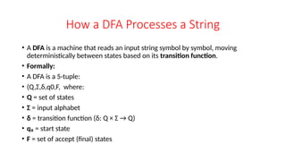 How a DFA Processes a String
• A DFA is a machine that reads an input string symbol by symbol, moving
deterministically between states based on its transition function.
• Formally:
• A DFA is a 5-tuple:
• (Q,Σ,δ,q0,F, where:
• Q = set of states
• Σ = input alphabet
• δ = transition function (δ: Q × Σ → Q)
• q₀ = start state
• F = set of accept (final) states
 